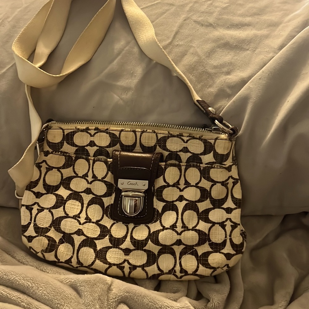 Coach shoulder bag- brown&cream canvas w/brown leather